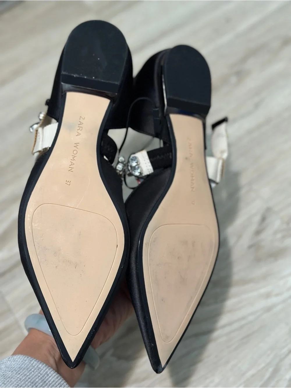 ZARA Black Satin Rhinestone Strap Flats Size 37 NWT